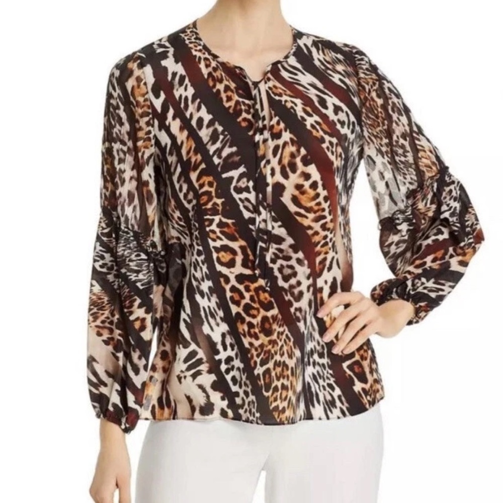 Kobi Halperin Womens Animal Print V-Neck Blouse - Brown Multi.  silk. Size M